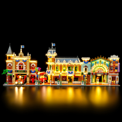 Main street building set with optional LED lighting kit lit up