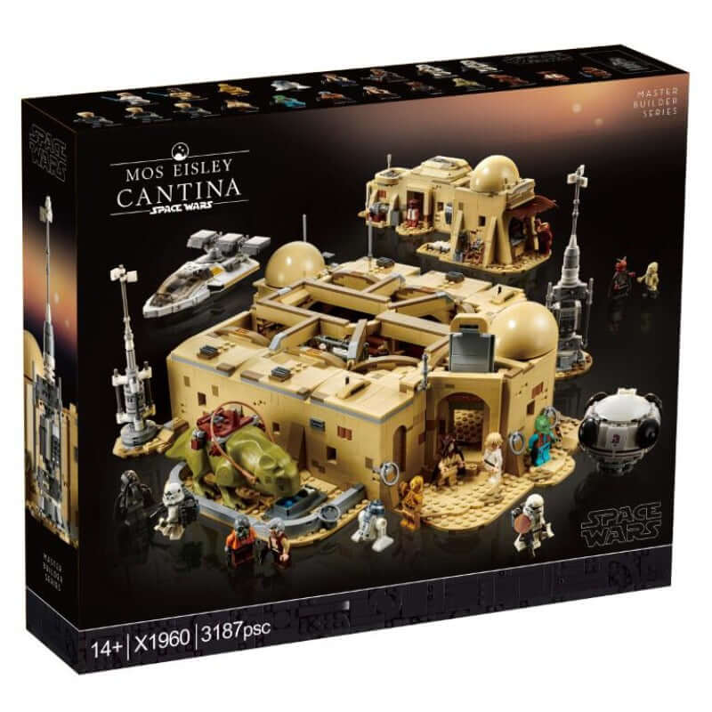 Mos Eisley Cantina building bricks set 75290 with 3187 pieces and 21 minifigures for collectors and sci-fi fans.