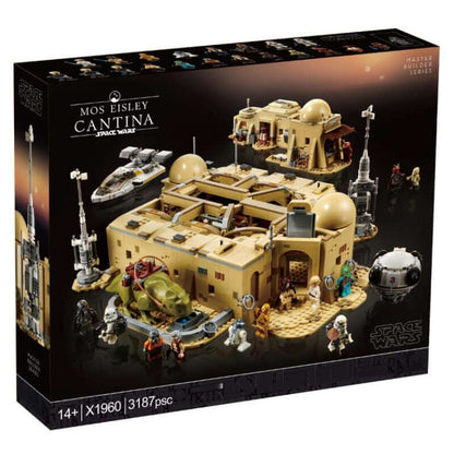 Mos Eisley Cantina building bricks set 75290 with 3187 pieces and 21 minifigures for collectors and sci-fi fans.
