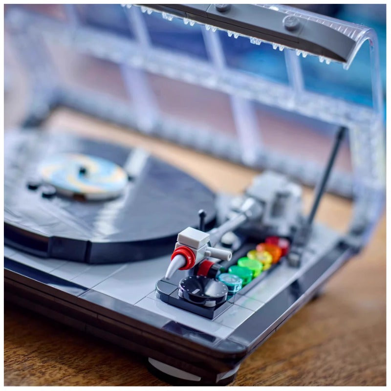 Close-up of the tonearm and platter in bricks