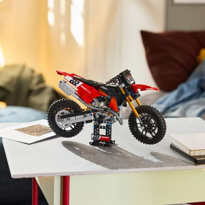 Motocross bike brick build from a rear angle