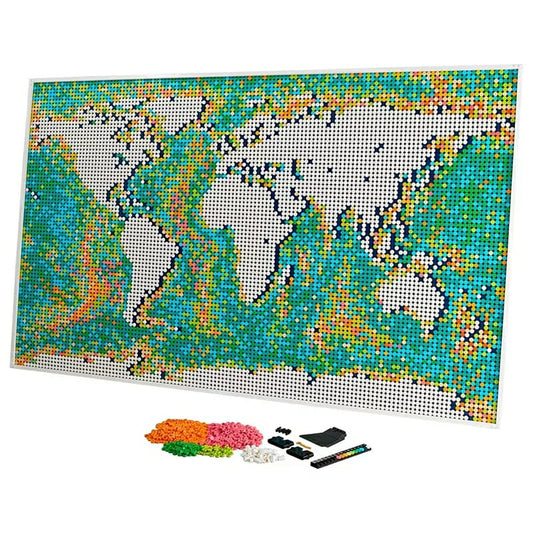 Circular world map mosaic building block set laid flat